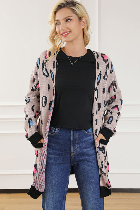 Leopard Contrast Trim Pocketed Open Cardigan